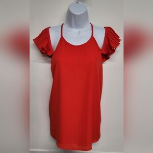Shinestar Red Cold Shoulder Top L Racerback Pleated Cap Sleeve Excellent